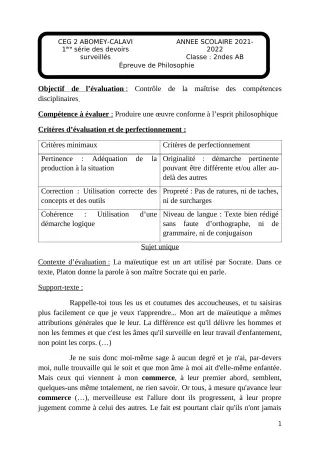 Première page de Philosophie 2nde A1 — 1er devoir surveillé, 1er semestre (2022-2023) · CEG2 ABOMEY - CALAVI (CEG ZOCA)
