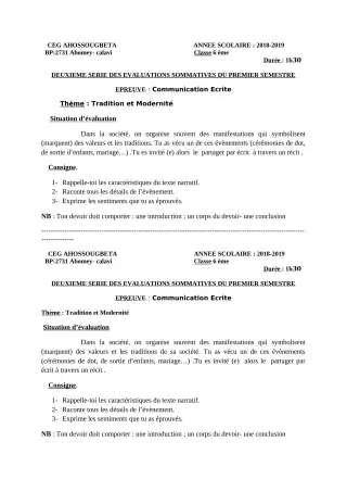 Première page de Français 6e, 5e, 4e, 4e ML, 3e, 3e ML, 2nde A & B, 2nde A2 — 2e évaluation sommative, 1er semestre (2018-2019) · CEG Ahossougbéta