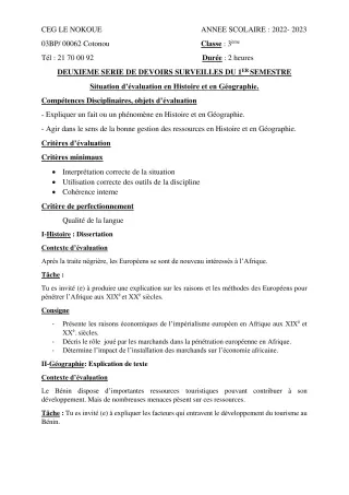Première page de Histoire-Géographie 3e, 3e ML — 2e devoir surveillé, 1er semestre (2022-2023) · CEG LE NOKOUE