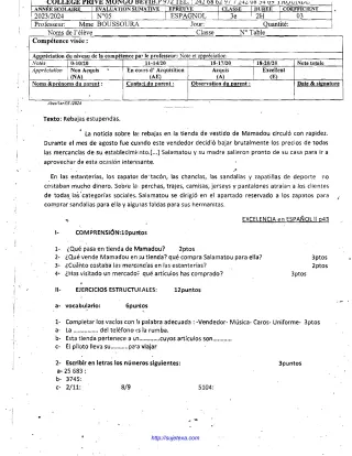 Première page de Devoir espagnol 3ème sequence 5 CP mongo beti 2023-2024