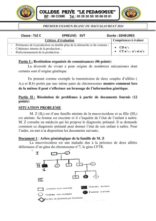 Première page de Examen Blanc de SVT — Tle A2, Tle B — CPEG le PEDAGOGUE (2023)