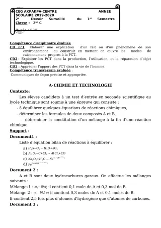 Première page de PCT 2nde C — 2e devoir surveillé, 1er semestre (2019-2020) · CEG 1 Akpakpa-Centre