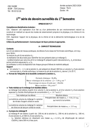 Première page de PCT Tle D — 1er devoir surveillé, 1er semestre (2023-2024) · CEG Yagbe