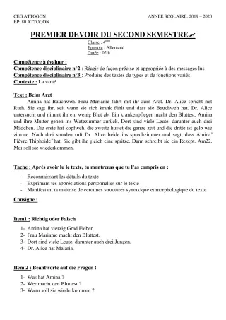 Première page de Allemand 4e ML — 1er devoir surveillé, 2e semestre (2019-2020) · CEG Attogon