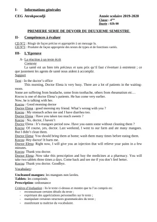 Première page de Anglais 4e, 4e ML — 1er devoir surveillé, 2e semestre (2019-2020) · CEG ATROKPOCODJI
