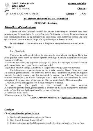 Première page de Français 6e — 1er devoir surveillé, 1er trimestre (2021-2022) · CPEG SAINT Justin