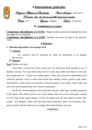 Première page de Anglais 5e — 1er devoir surveillé, 1er semestre (2018-2019) · PMB