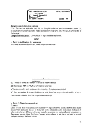 Première page de PCT 6e — 1er devoir surveillé, 1er semestre (2022-2023) · CEG2 ABOMEY - CALAVI (CEG ZOCA)