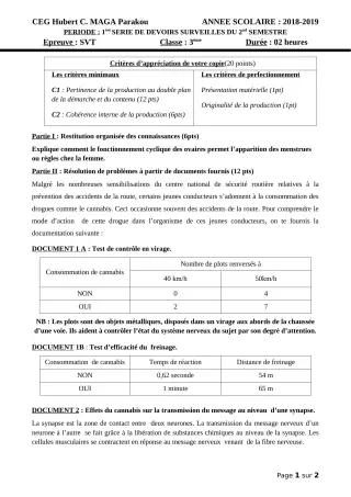 Première page de SVT 3e, 3e ML — 1er devoir surveillé, 2e semestre (2018-2019) · CEG Hubert C. MAGA