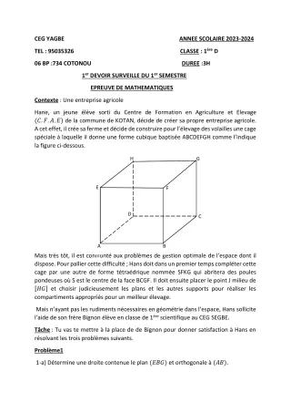 Première page de Mathématiques 1ère D — 1er devoir surveillé, 1er semestre (2023-2024) · CEG Yagbe