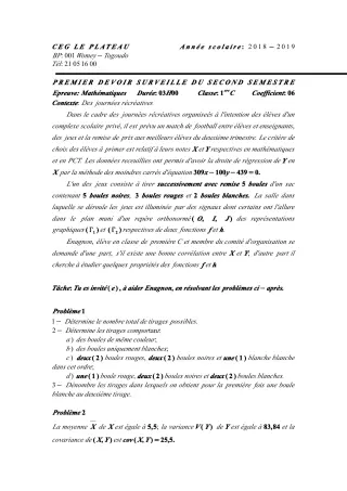 Première page de Mathématiques 1ère C — 1er devoir surveillé, 2e semestre (2018-2019) · CEG Le Plateau