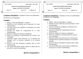 Première page de Histoire-Géographie 4e, 4e ML — 1er devoir surveillé, 1er semestre (2018-2019) · CEG 2 N'DALI