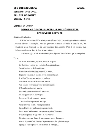 Première page de Français 5e — 2e devoir surveillé, 2e semestre (2018-2019) · CEG Lobozounkpa