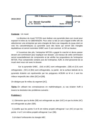 Première page de Mathématiques 1ère D — 1er devoir surveillé, 1er semestre (2018-2019) · CEG2 ABOMEY - CALAVI (CEG ZOCA)
